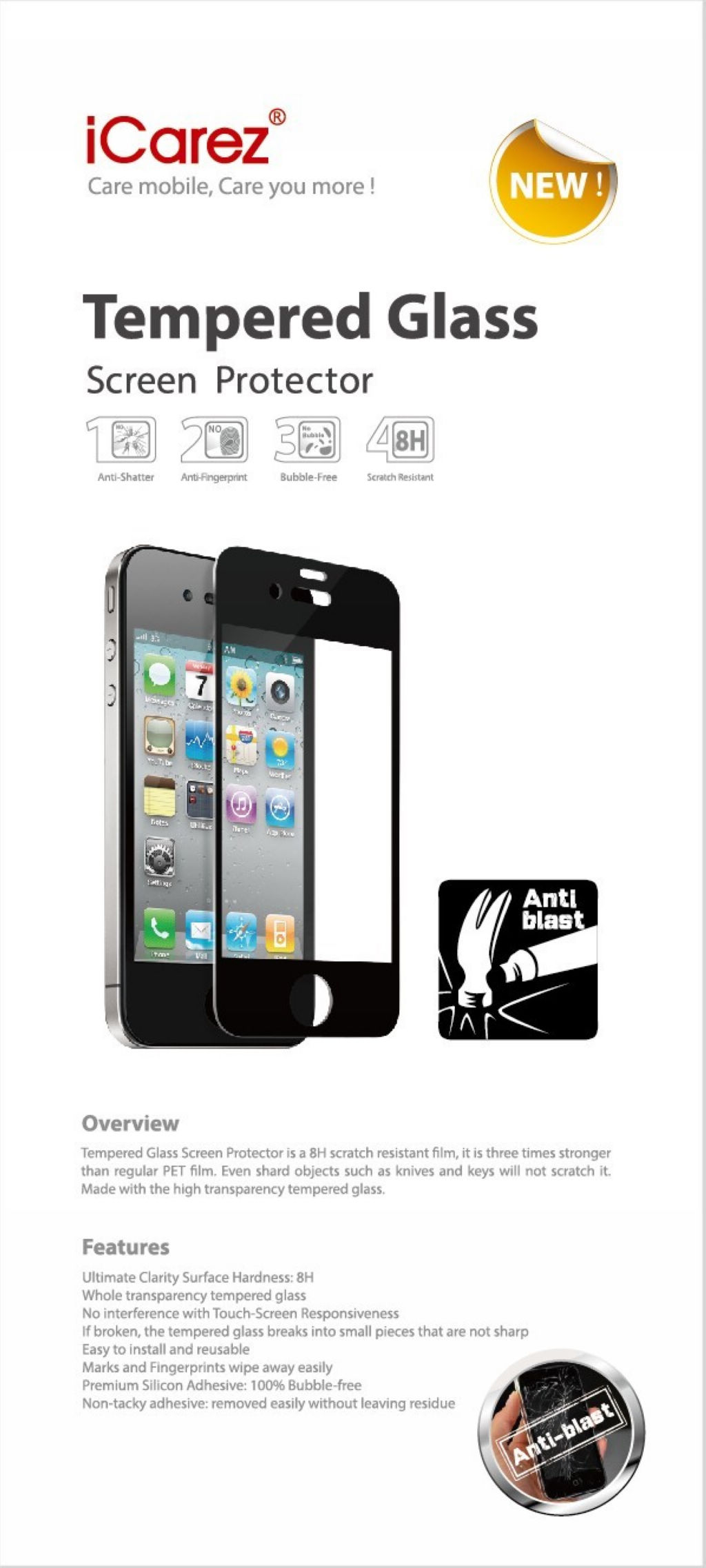 Icarez Tempered Glass Anti Blast Screen Protector Black Color for iPhone 4 4S